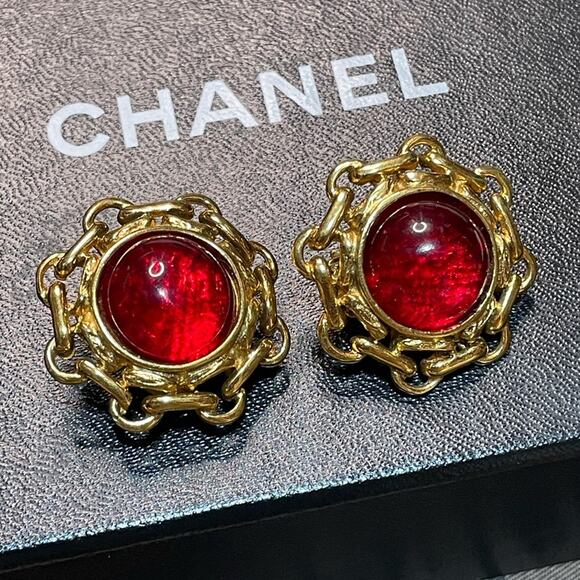 Chanel Clip on Earrings with Red Glass Cabochon. 1 1/4 with COA - Picture 1 of 4
